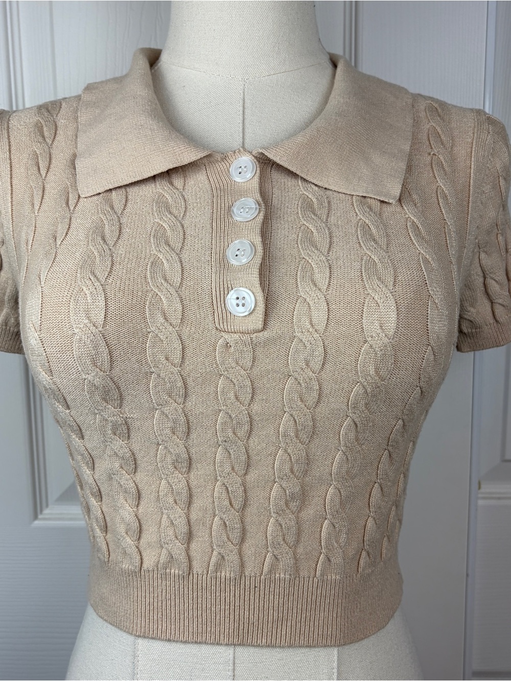 SHEIN Beige Cable Knit Polo Crop Top